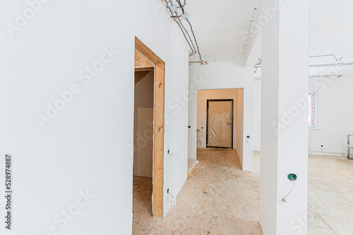 Russia, Moscow- May 21, 2020: interior apartment rough repair for self-finishing. interior decoration, bare walls of the room, stage of construction