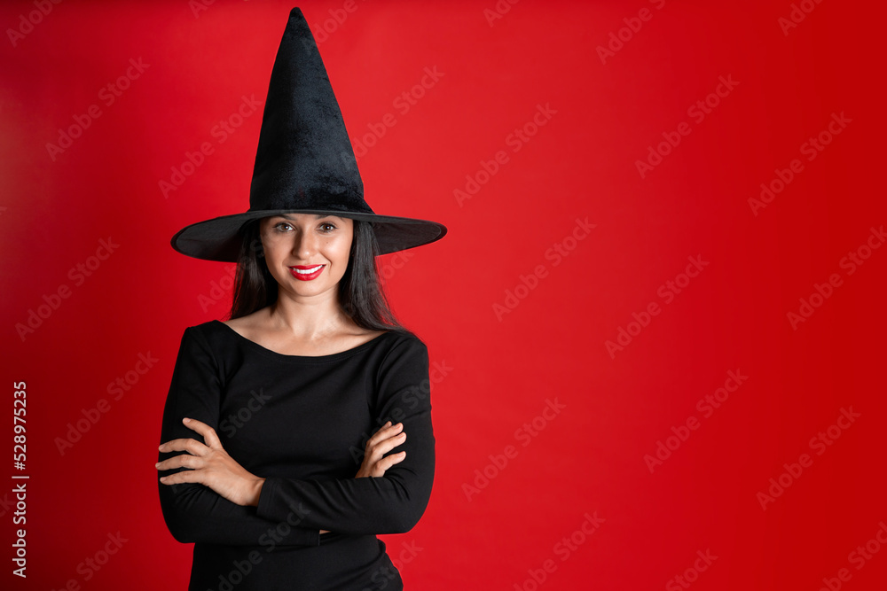 Halloween. A young beautiful woman in a witch's hat and a black dress on a red colored background. Space for text. Halloween. A young beautiful woman in a witch's hat and a black dress on a red colored background. Space for text.