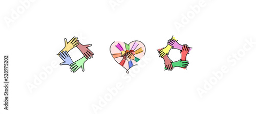 The concept of inclusion and diversity. Symbols, signs and logos of inclusion and diversity. Multiethnic hands holding each other. Set of illustrations