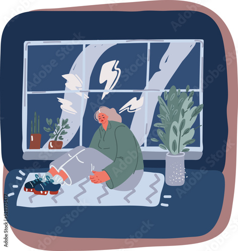Cartoon vector illustration of woman sitting in the rug in depression