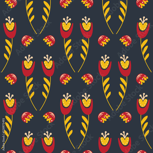 Bluebell flower pattern on dark background seamless pattern for design, campanula flower blossom, vector illustration