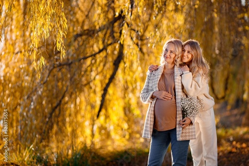 Adult daughter hugs her pregnant mom while standing in autumn park