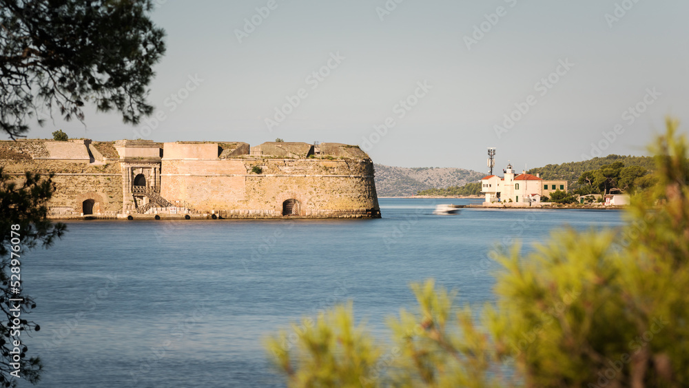  old fortress of sveti nikolai on the entrance of the canal of sibenik croatia