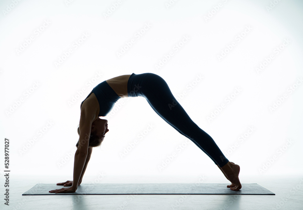 Slim athletic flexible young girl practice yoga or pilates, perform Downward Dog Pose exercise on white background Slim athletic flexible young girl practice yoga or pilates, perform Downward Dog Pose exercise on white background