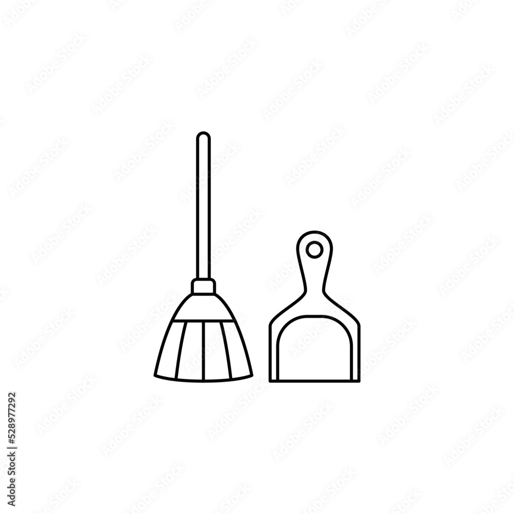 Broom and scoop icon in line style icon, isolated on white background Broom and scoop icon in line style icon, isolated on white background