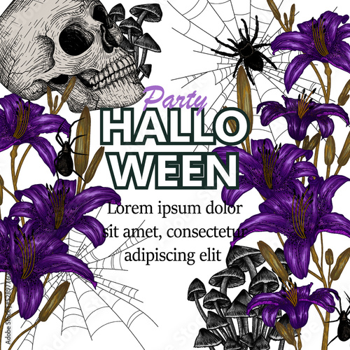Vector illustration of halloween invitation template. Mystical purple lilies, skull, spiders, cobwebs, mushrooms