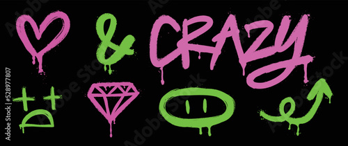Set of graffiti spray pattern. Collection of colorful symbols, text, heart, rabbit, diamond, arrow, stroke with spray texture. Elements on black background for banner, decoration, street art and ads.