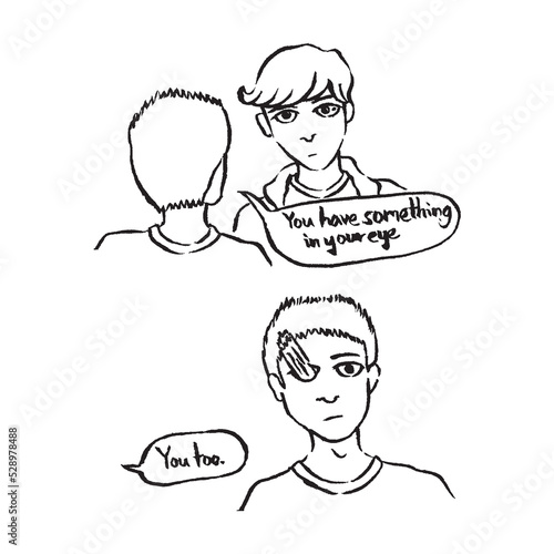 Handdrawn illustration of Mote in the eye saying / idiom