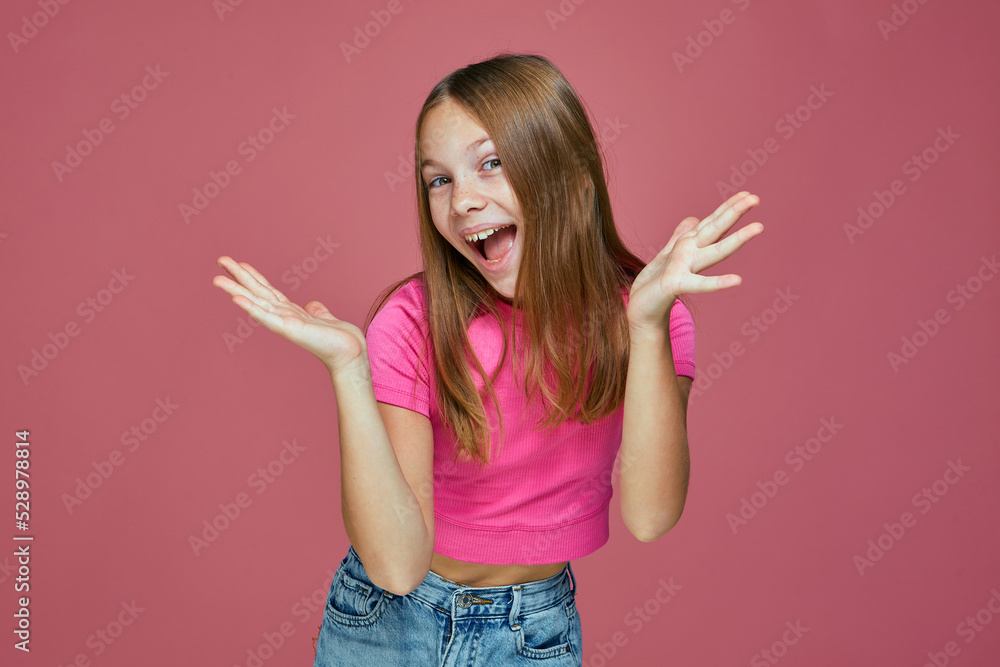 Amazed little child girl screaming wow, surprised by unexpected good news. Best children's online store offer Amazed little child girl screaming wow, surprised by unexpected good news. Best children's online store offer
