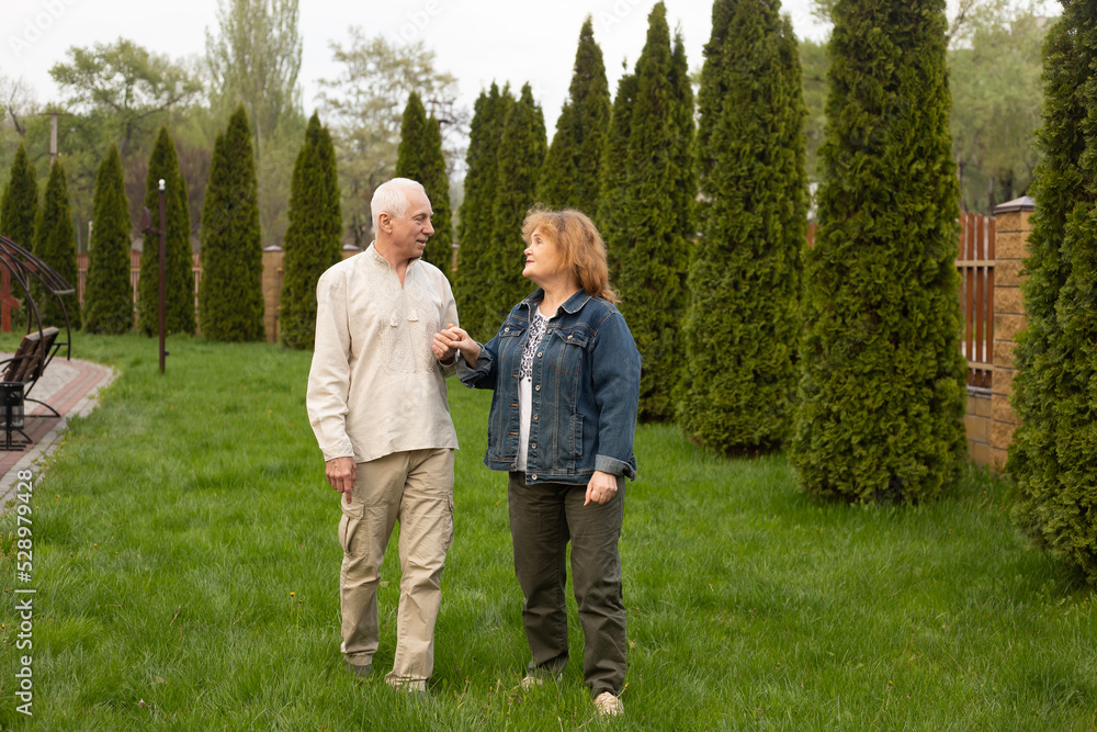 Senior couple embracing walking in autumn or summer park Senior couple embracing walking in autumn or summer park