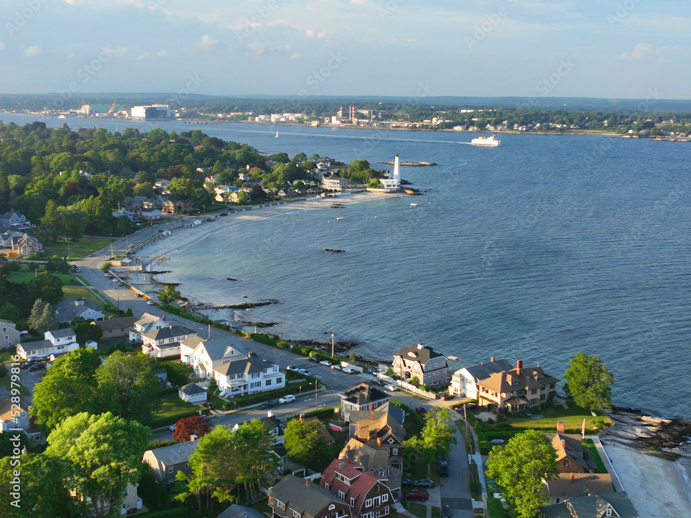 Pequot Point Beach and New London Harbor Lighthouse at the mouth of Thames River in city of New London, Connecticut CT, USA.
