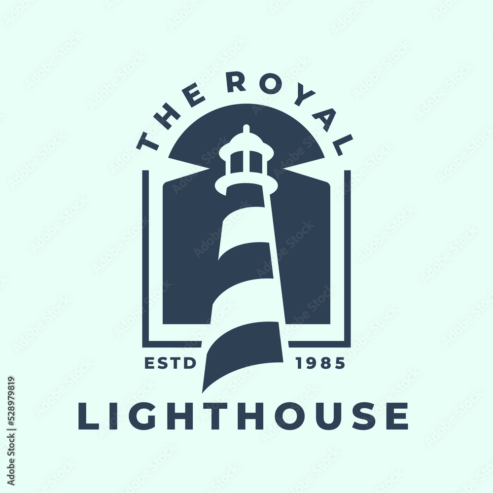 Royal lighthouse harbor logo. Maritime beacon icon. Marine search light ...