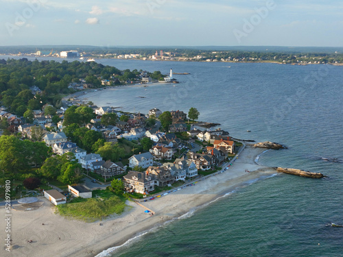 Pequot Point Beach and New London Harbor Lighthouse at the mouth of Thames River in city of New London, Connecticut CT, USA. 
