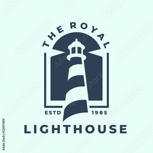 Royal lighthouse harbor logo. Maritime beacon icon. Marine search light symbol. Nautical watch tower emblem. Vector illustration.