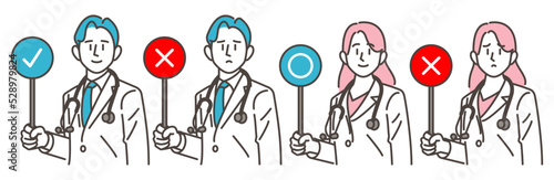 Male and female doctors in white coats with stethoscopes down, indicating true or false [vector illustration set].