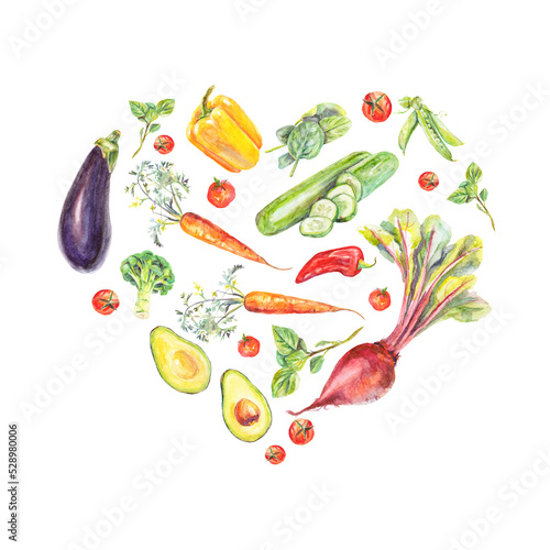 Watercolor heart shape vegetable composition with avocado, yellow red bell pepper, chilli, tomatoes, beet, carrot, broccoli, basil, spinach, peas and eggplant. Illustration for blog, menu, prints.