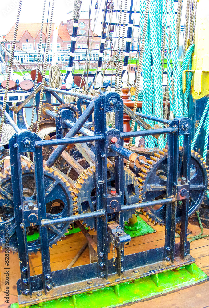 Details equipment anchor dock handlebar mast ships boats Bremerhaven Germany.