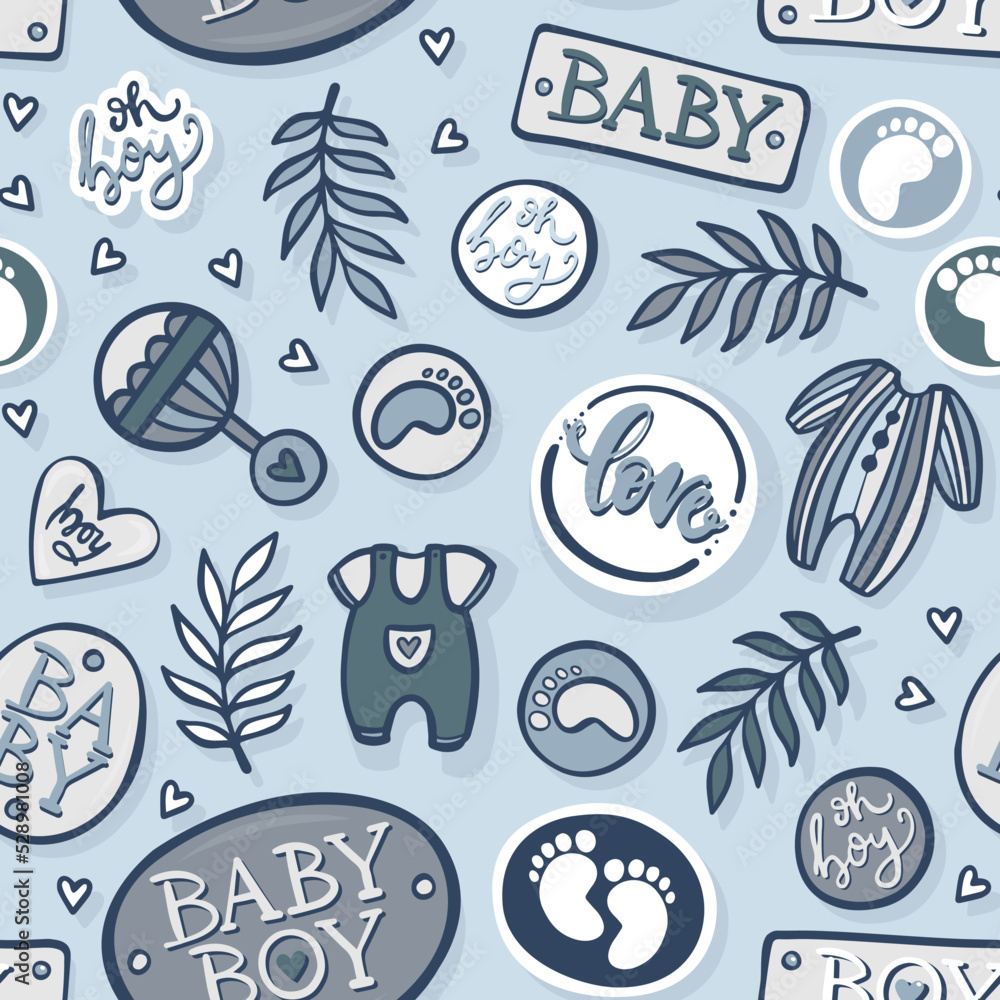 Obraz premium Hand drawn messy baby boy accessories toys and badges. Abstract linear vector illustration. Blue shaded seamless pattern isolated on light blue background.