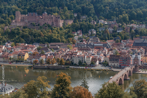 panoramic view of Heidelberg from the Philosophenweg - old town of Heidelberg with the castle and the Old Bridge, Baden Wuerttemberg, Germany