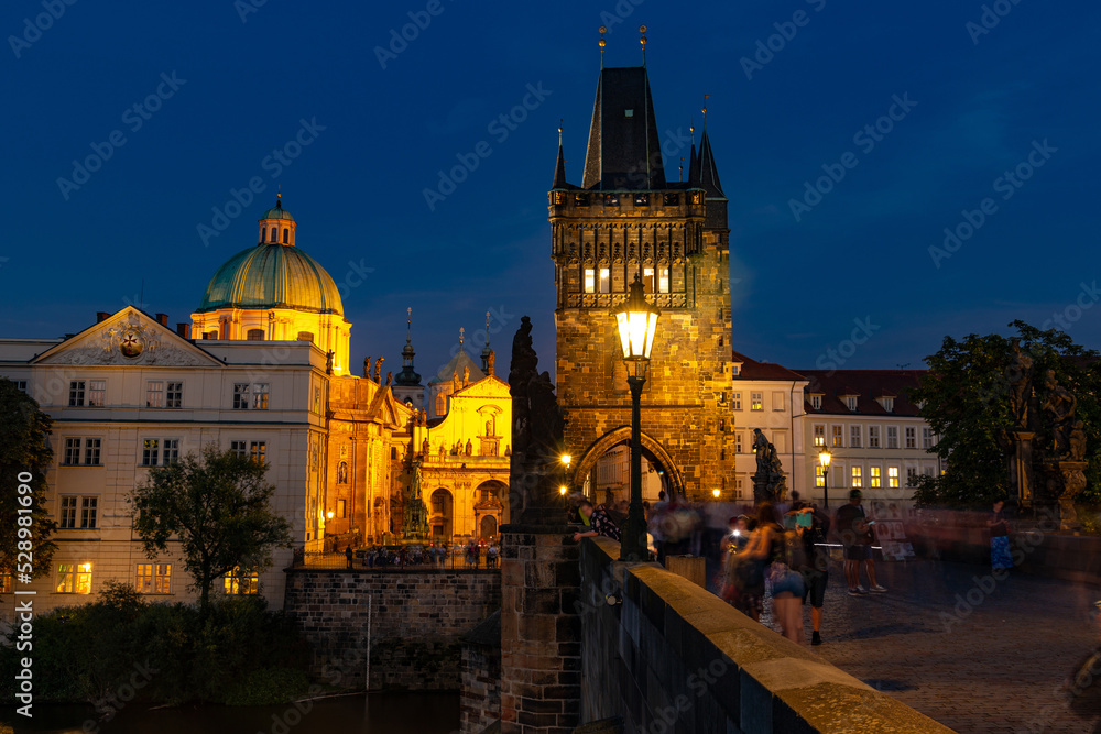 View of the Charles Bridge in Prague (Karluv Most - in czech) at sunset, Czech Republic.