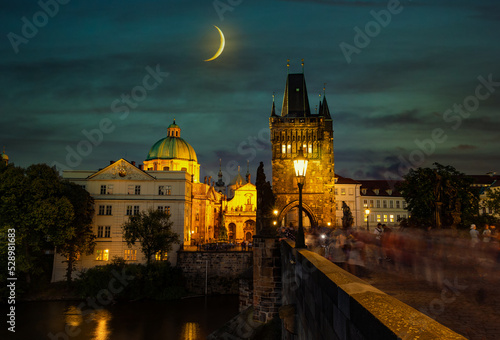 Prague  Czech Republic. Charles Bridge  Karluv Most - in czech  and Old Town Tower.