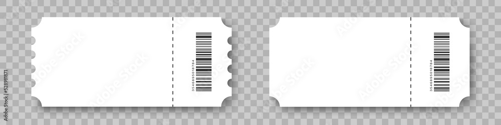 Coupons. White Coupon Mockup. Ticket with Barcode and shadow. Vector illustration