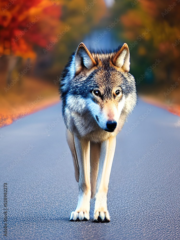 Obraz premium gray wolf canis lupus on the road
