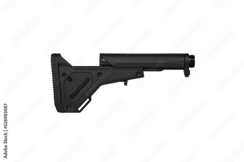 Modern plastic folding buttstock. Replaceable part of the gun. Isolate on a white back.