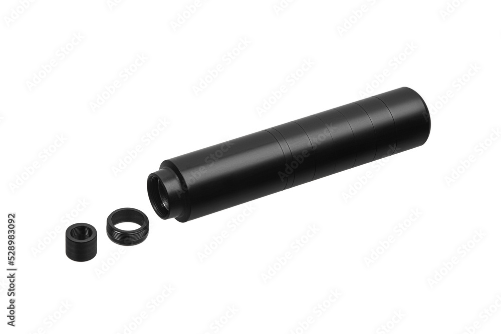 Black silencer for weapons. Suppressor that is at the end of an assault rifle. Isolate on a white back. Black silencer for weapons. Suppressor that is at the end of an assault rifle. Isolate on a white back.