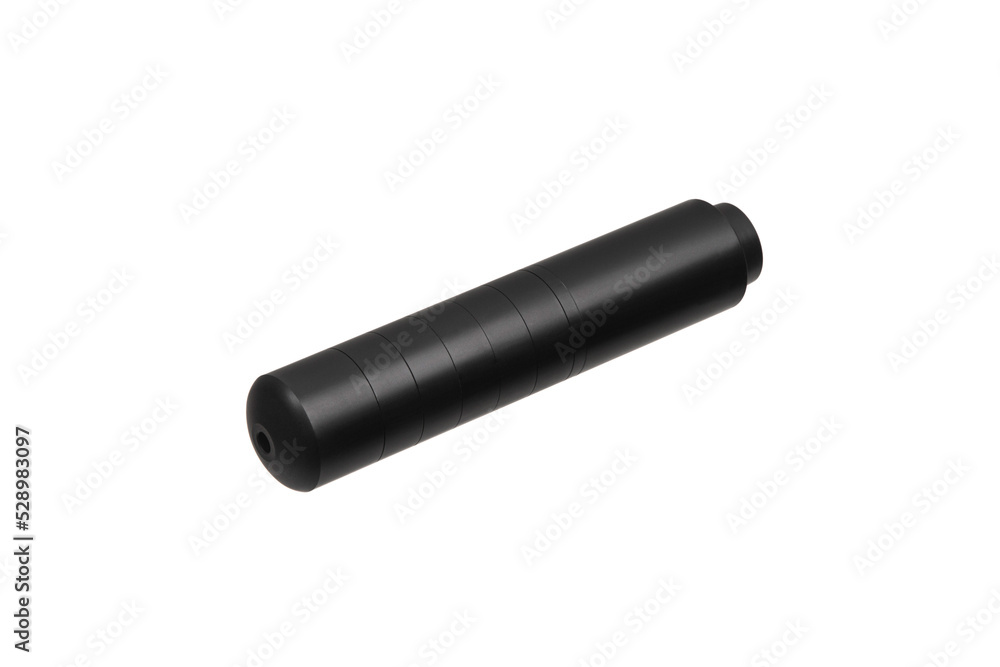 Black silencer for weapons. Suppressor that is at the end of an assault rifle. Isolate on a white back. Black silencer for weapons. Suppressor that is at the end of an assault rifle. Isolate on a white back.