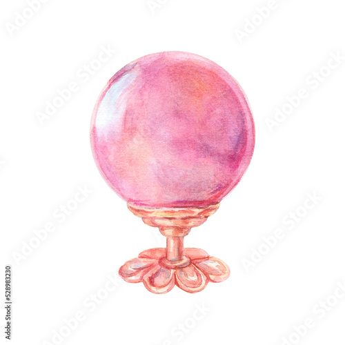 Watercolor pink magic crystal ball on the golden stand isolated on white background. Illustration for mystic shops  prints  decorations.