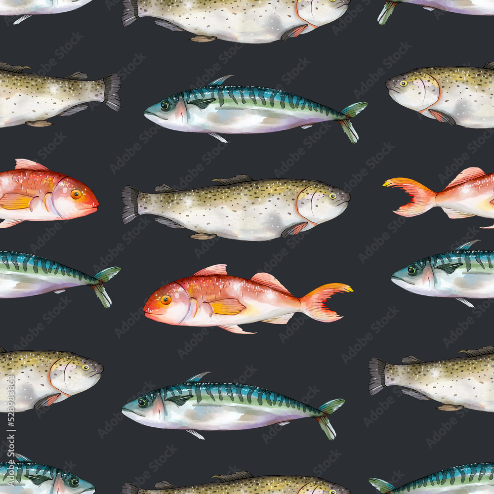Fototapeta premium Fish watercolor seamless pattern with mackerel, salmon and red snapper. For kitchen textile, menu background, restaurant wallpaper