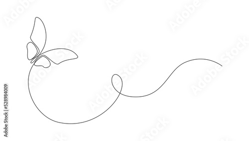Butterfly in One continuous line drawing. Beautiful flying moth for wellbeing beauty or spa salon logo and divider concept in simple linear style. Editable stroke. Doodle vector illustration