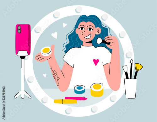Beauty blogger doing makeup and recording a new video. Vector illustration of influencer girl
