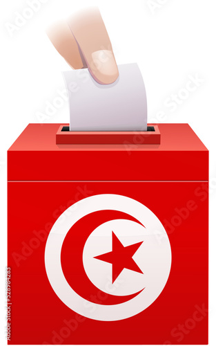 Ballot box in the colors of the Tunisian flag with a hand depositing a paper ballot (cut out)