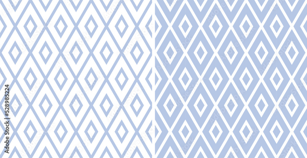 Abstract Seamless Geometric Diamonds Patterns. Blue and White Textures Set. Abstract Seamless Geometric Diamonds Patterns. Blue and White Textures Set.