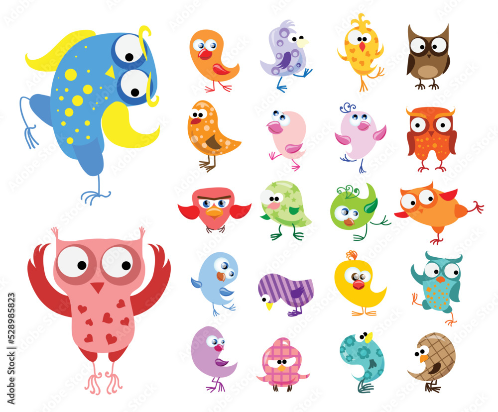 Fototapeta premium Funny owls collection. Cute hand drawn owl characters. Set of vector illustrations in cartoon style
