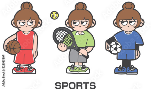 バスケ、テニス、サッカーのユニホームを着る女の子のゆるいイラスト
