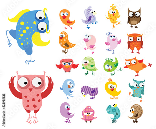 Funny owls collection. Cute hand drawn owl characters. Set of vector illustrations in cartoon style