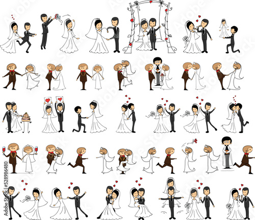 Wedding doodle couple in love. Vector illustration for greeting card, invitation and banner