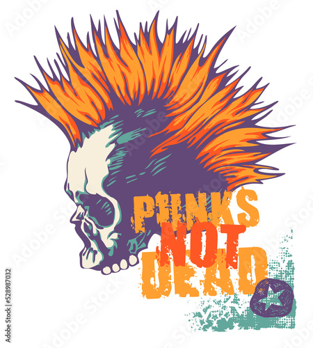 Punk Not Dead  with punk skull  grunge fonts and texture. Isolated hand drawn design element without background  PNG.
