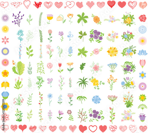 Set of wedding graphic set- wreath, flowers, arrows, hearts, laurel, ribbons and labels, hand drawing vector illustration