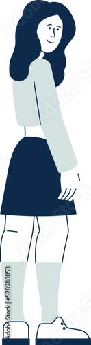 Woman look over shoulder. Smiling walking person