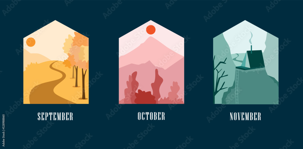 Illustration in flat style, autumnal landscapes in frames, september, october and november