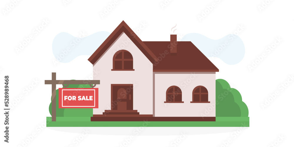 Home for sale, selling house. Real estate house for sale. Vector illustration flat style isolated on white