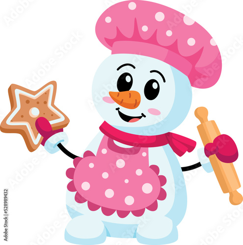 Cute snowman baking cookies. Christmas cooking mascot