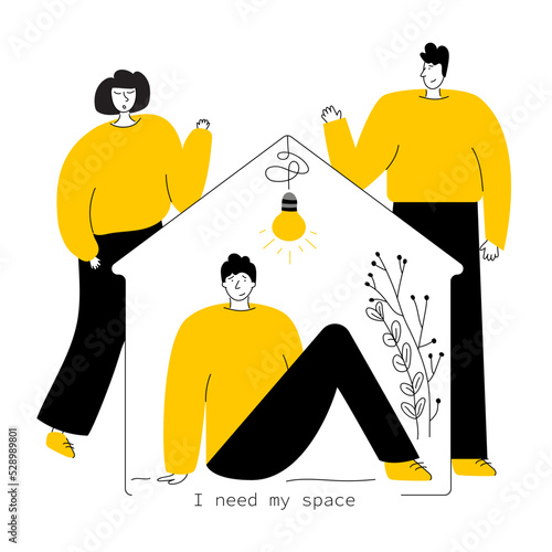 Strange sociopath or introvert and grooup persons. Antisocial persons in individual space, zone. He prefers to spend time alone. Vector illustration with  person avoid communication with people.