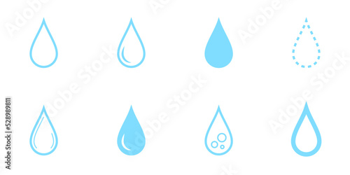 Conjunto de iconos de gota azul de agua. Concepto de lluvia photo