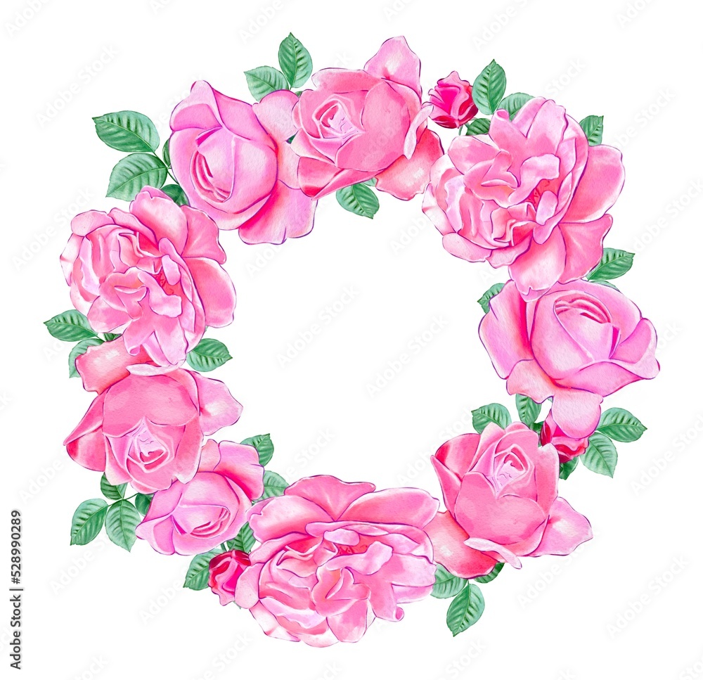 Floral wreath of tea pink roses isolated on white background