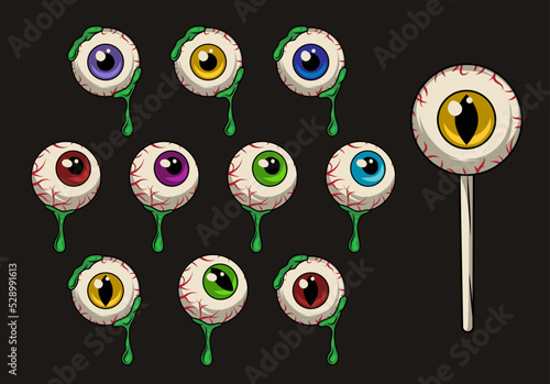 Halloween set of human eyeballs in vintage style. Single eyeballs with drops of green snot, slime, eye on stick like lollypop. Round human eye pupil, cat eye pupil. Illustration for Halloween